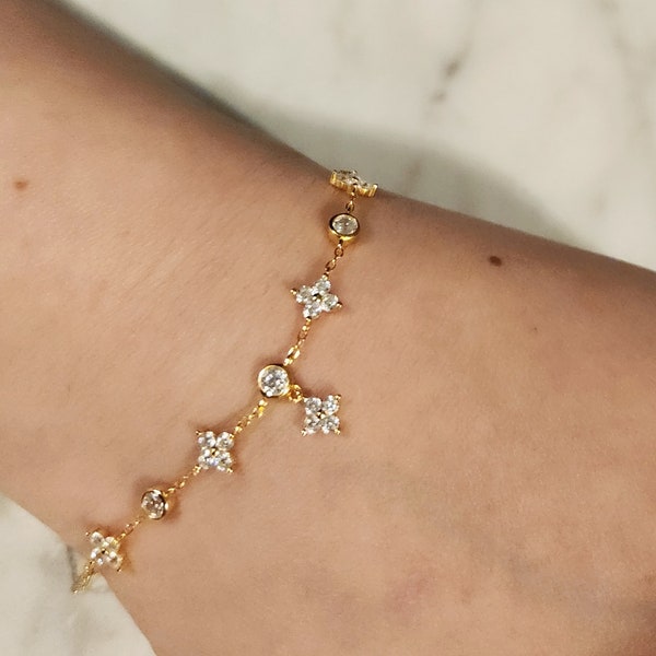 14K Gold Bracelet for Women, Silver Bracelet, Gorgeous Bracelet, Flower Bracelet, Dainty Charm Bracelet, Wife Birthday Gift, Graduation Gift