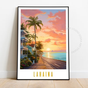 Lahaina Maui Sunset Travel Poster: Mid-Century Modern Wall Art (Digital Download)