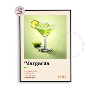 Impresión de cóctel margarita / Póster de cóctel / Impresiones de alcohol / Arte de carrito de bar / Decoración de carrito de bar / Impresión de cóctel / Arte retro minimalista verde