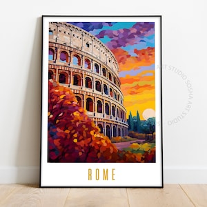 Retro Rome Travel Poster, Italy Print, Italy Travel Gift, Colosseum Print, Ancient Rome Poster, Maximalist Wall Art, Colorful City Print