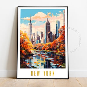 New York Travel Poster, NYC Print, Retro Wall Art, Manhattan Travel Poster, Central Park Fall Poster, NYC Poster, US Cities Prints, Download