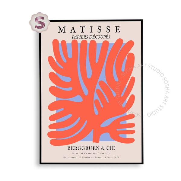 Henri Matisse Coral Print, MidCentury Poster, Minimalist Coral Art, Retro Matisse Art, Matisse Cut Out, Boho Wall Art, Digital Download