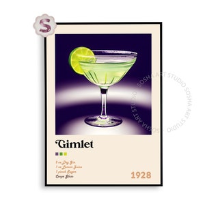 Impresión de cóctel Gimlet / Póster de cóctel / Impresiones de alcohol / Púrpura retro / Arte de carrito de bar / Decoración de carrito de bar / Impresión de cóctel / Años 70 y setenta