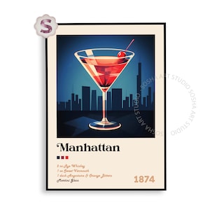Impresión de cóctel de Manhattan / Póster de cóctel / Impresiones de alcohol / Bebida retro / Arte de carrito de bar / Decoración de carrito de bar / Bebida de Manhattan / Impresión de cóctel