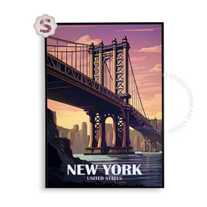 Plakat podróżniczy do Nowego Jorku Wydruki z Nowego Jorku Sztuka ścienna w stylu retro Plakat podróżniczy do Manhattanu Wydrukowana dekoracja ścienna Plakaty z Nowego Jorku Miasta USA Grafika cyfrowa do pobrania
