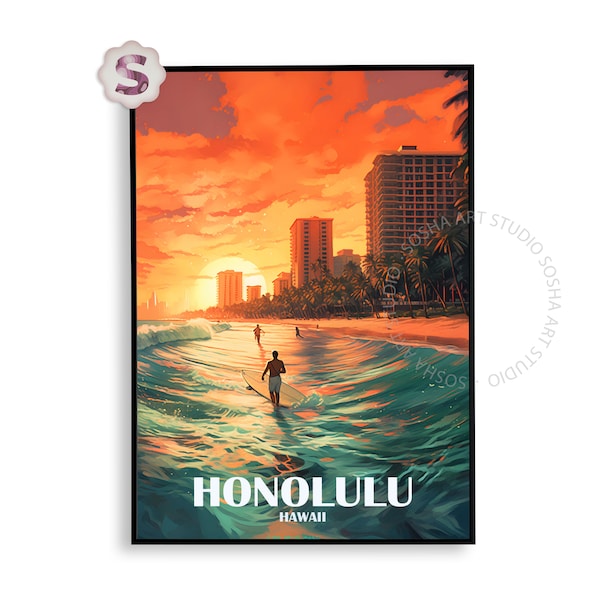 Hawaii Travel Poster, Retro Wall Art, Aloha Print, Printable Honolulu Poster, Vintage Wall Decor, City Print, Waikiki Beach Digital Download