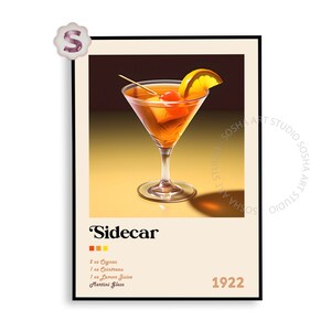 Impresión de cóctel en sidecar / Póster de cóctel / Impresiones de alcohol / Cóctel retro / Arte de carrito de bar / Decoración de carrito de bar / Impresión de cóctel / Happy Hour