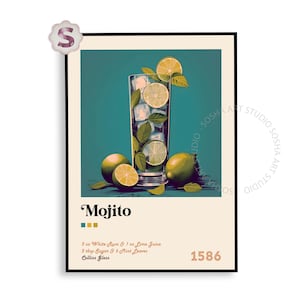 Impresión de cóctel mojito / Arte de carrito de bar / Póster de cóctel / Impresiones de alcohol / Impresión de cóctel / Cóctel retro / Decoración de carrito de bar / Decoración de cueva de hombre