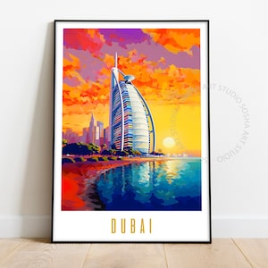 Póster de Dubái, impresión de ciudad colorida, Burj Al Arab, arte mural maximalista, impresión de viaje a Dubái, póster estético, arte colorido, arte mural vibrante