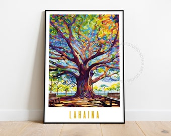 Lahaina Maui Travel Poster, Banyan Tree Wall Art, Lahaina Art Print, Maui Hawaii Art, Maximal Decor, Mid Century Modern Wall Art, Download