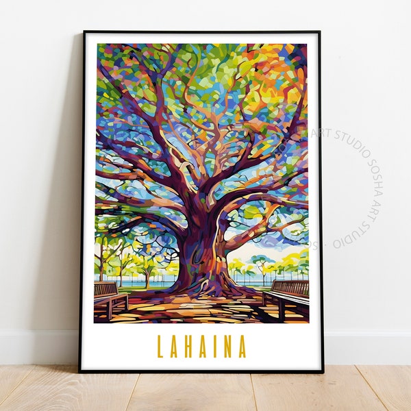 Lahaina Maui Travel Poster, Banyan Tree Wall Art, Lahaina Art Print, Maui Hawaii Art, Maximal Decor, Mid Century Modern Wall Art, Download