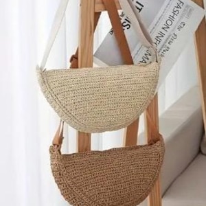 Sacs banane en demi-lune faits main au crochet, sac à main au crochet, fourre-tout au crochet, sac de plage en raphia, sac fourre-tout en paille, fermeture à glissière doublée beige uniquement