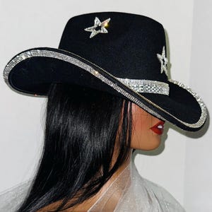Black Rhinestone Star Cowboy Hat – Western Bling for Women, Rodeo Outfit, Country Concert , Sparkly Cowgirl Hat, Dallas Cowboy Style