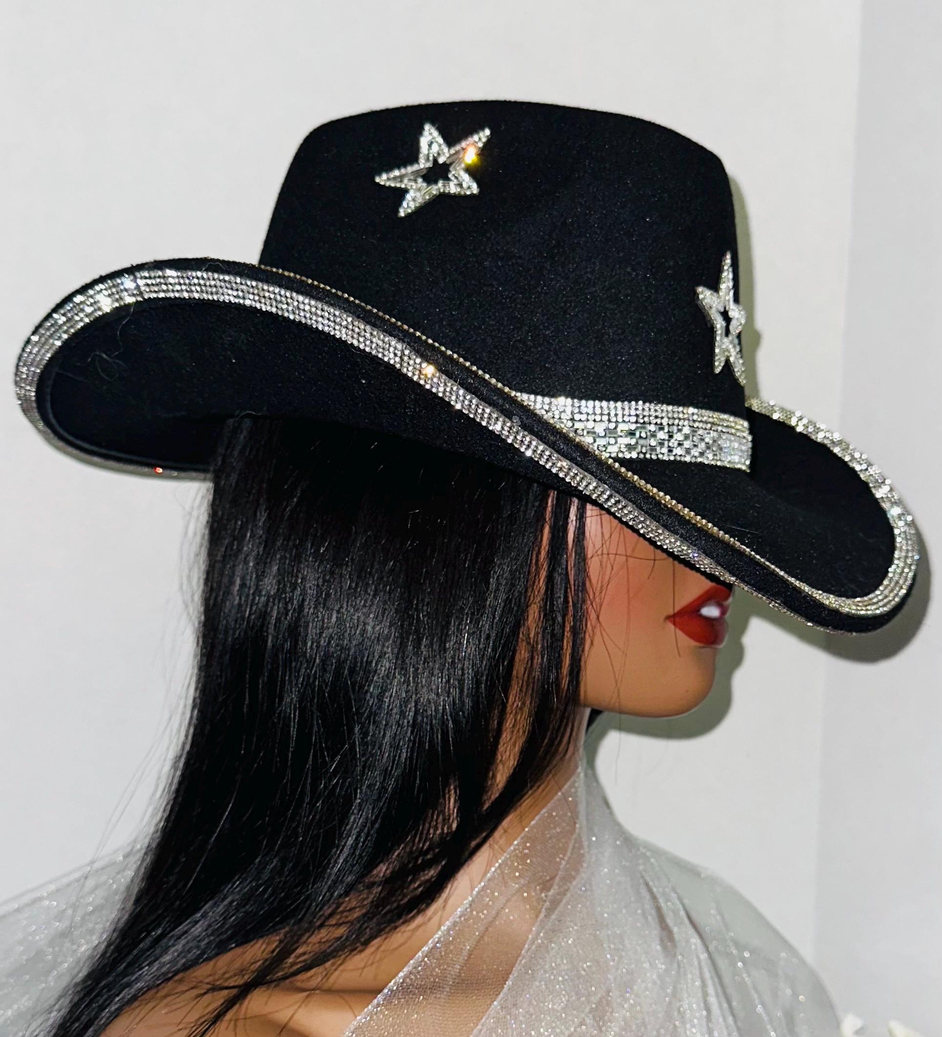 Black Handcrafted Rhinestone Embellished Bling Western Style Cowboy Cowgirl Hat Black Cowboy Hat With Rhinestone Fringe,black Cowboy Hat  main image 2