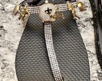 Rhinestone Flip Flops: Handmade Black Sandals with Fleur-de-Lis