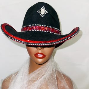 Black Red Rhinestone Cowboy Hat for Women | Sparkly Western Hat | Rodeo Concert Hat | Custom Bling Cowgirl Hat | Statement Hat for Festivals