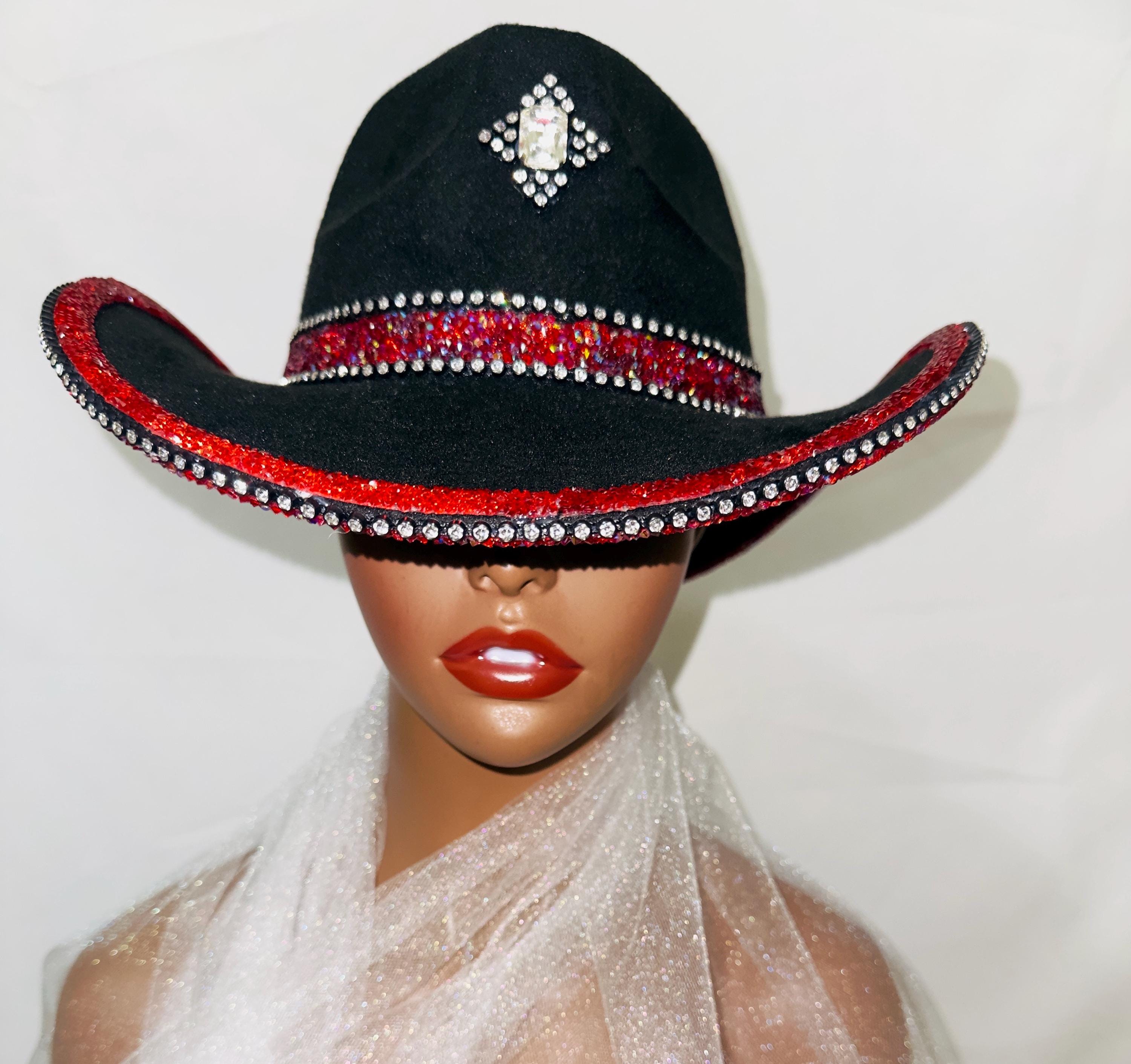 Distressed Denim Cowgirl Hat with hints of Red Hand Burned  main image 4
