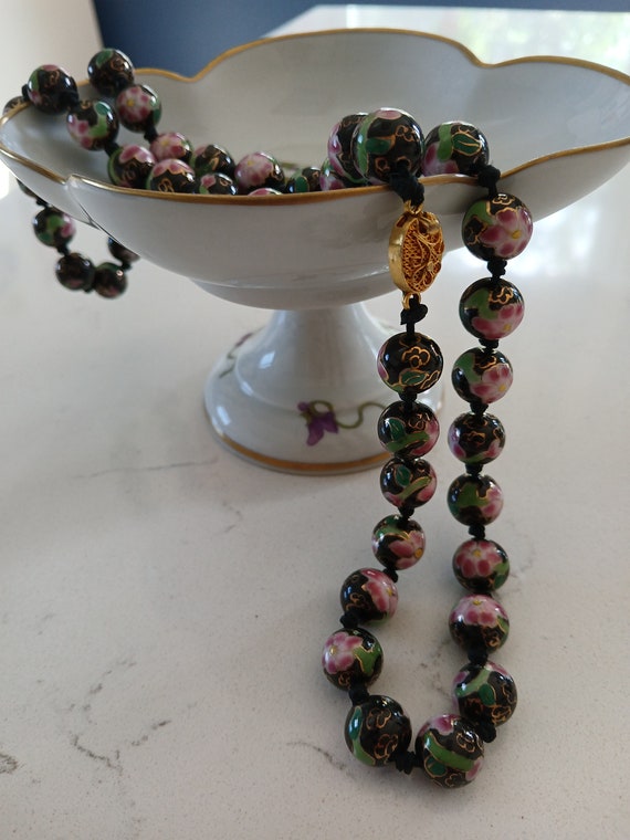 Vintage Black Cloisonne Floral  Beaded Necklace