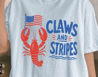 Camiseta Comfort Colors con estampado de garras y rayas, camiseta de langosta para el 4 de julio, camiseta patriótica de playa USA 250, atuendo para el 4 de julio.