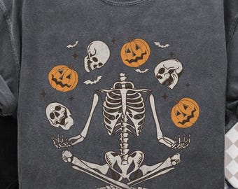 Comfort Colors Halloween Tshirt, Cute Summerween Tee, Pumpkin Skull Shirt, Funny Fall Shirt, Cottagecore Vibes Gift, Retro Distressed Fall