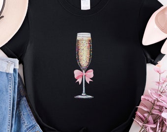 Coquette Champagne Shirt - Coquette New Years Tee - Pink Bow Champagne Flute Tshirt - Gift For Champagne Lover - Champagne Drinker Gift