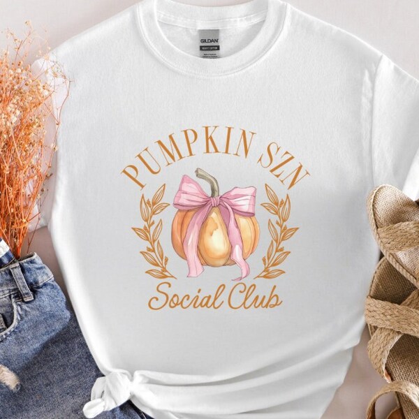 Pumpkin Szn Social Club Shirt - Coquette Pumpkin Season Tee - Trendy Fall Tshirt - Pink Bow Autumn Crewneck - Pumpkin Patch Lover Gift