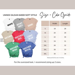 May include: Unisex Gildan 64000 soft style t-shirt size chart with measurements in inches. The chart shows the width and length of the t-shirt in sizes S, M, L, XL, 2XL, 3XL, and 4XL. The t-shirt colors are white, sport grey, sand, natural, heather red, light blue, heather irish, and heather royal.