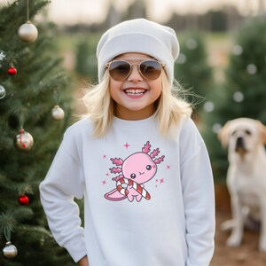 Kid’s Axolotl Shirt - Cute Axolotl Sweatshirt - Youth Animal Lover Crewneck - Axolotl Christmas Gift - Candy Cane Axolotl