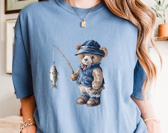 Teddy Bear Fisherman Shirt, Comfort Colors Teddy Bear Fishing Tshirt, Trendy Cottagecore Fishing Gift