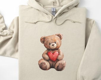 Teddy Bear With Heart Hoodie, Valentine’s Day Teddy Bear Hooded Sweatshirt, Trendy Teddy Bear Lover Gift