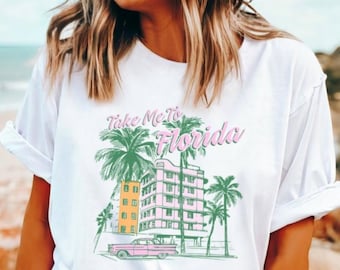 Chemise vacances en Floride, t-shirt rétro Miami Beach, haut vintage Sunshine State, graphique Take Me to Florida, chemise Miami Skyline pastel