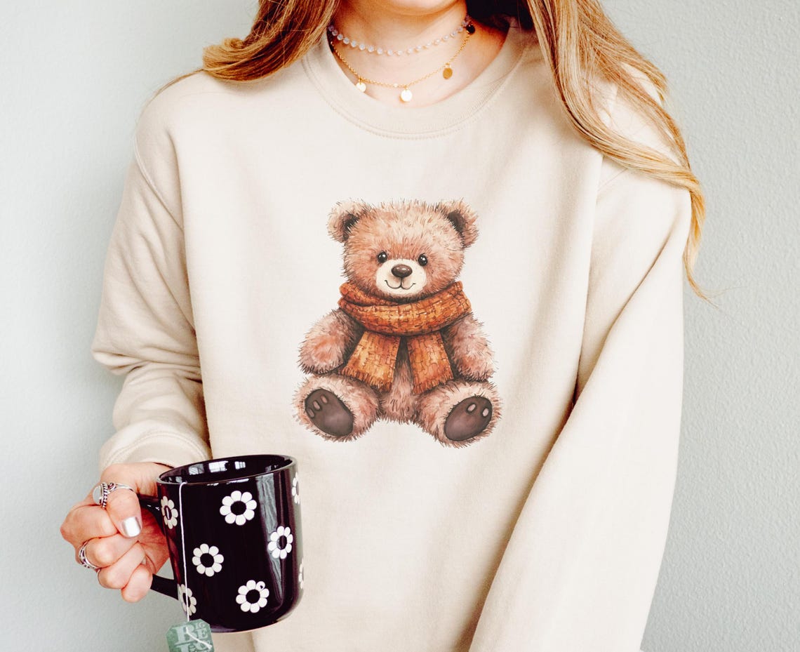 Fall Teddy Bear Sweatshirt, Stuffed Bear With Scarf Shirt, Cute Fall ...