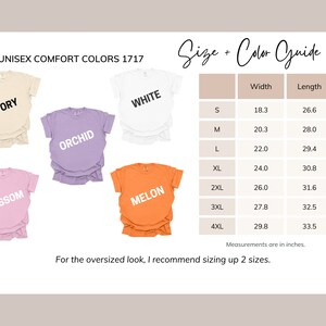 May include: Unisex t-shirt size chart with measurements in inches. The chart shows the width and length of the t-shirt in sizes S, M, L, XL, 2XL, 3XL, and 4XL. The chart also includes the following colours: Ivory, White, Orchid, Blossom, and Melon.