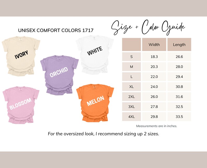 May include: Unisex t-shirt size chart with measurements in inches. The chart shows the width and length of the t-shirt in sizes S, M, L, XL, 2XL, 3XL, and 4XL. The chart also includes the following colours: Ivory, White, Orchid, Blossom, and Melon.