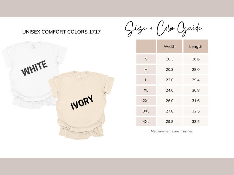 Pu&ograve; includere: Una t-shirt bianca e una color avorio a maniche corte etichettate Unisex Comfort Colors 1717. Una tabella guida alle taglie mostra le misure di larghezza e lunghezza in pollici per le taglie dalla S alla 4XL, da 18,3 a 29,8 pollici di larghezza e 26,6 a 33,5 pollici di lunghezza.
