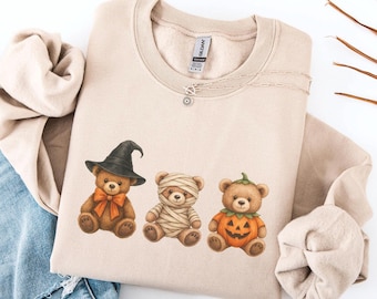 Halloween Teddy Bears Sweatshirt, Witch Mummy Pumpkin Bears, Cozy Spooky Season Pullover, Fall Teacher Outfit, Teddy Bear Lover Gift