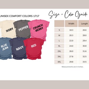 May include: A product image showcasing a variety of unisex t-shirts in different colors: white, ivory, pepper, crunch berry, blue jean, navy, and red. A size and color guide is also included, with measurements in inches for each size, from S to 4XL.