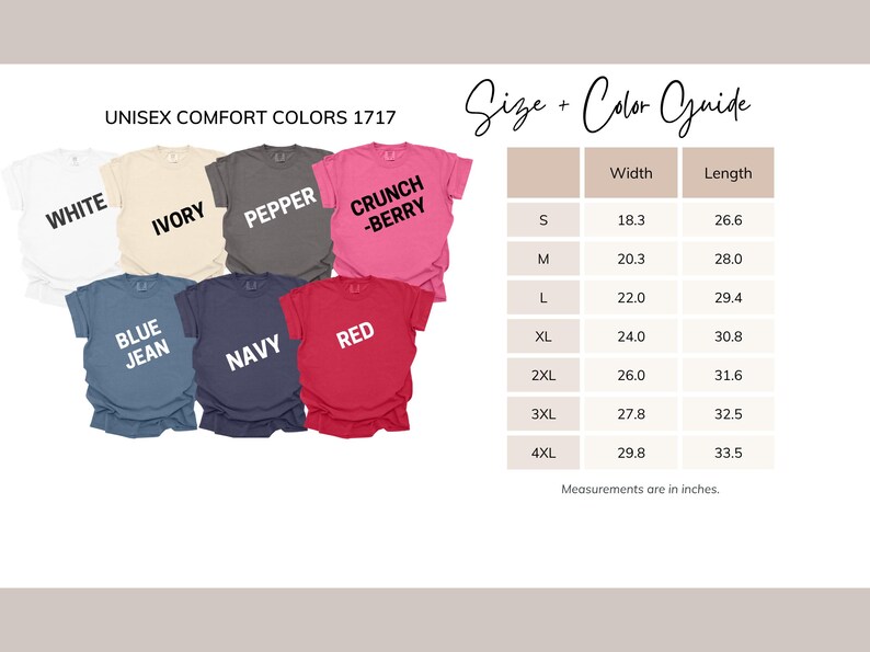 May include: A product image showcasing a variety of unisex t-shirts in different colors: white, ivory, pepper, crunch berry, blue jean, navy, and red. A size and color guide is also included, with measurements in inches for each size, from S to 4XL.