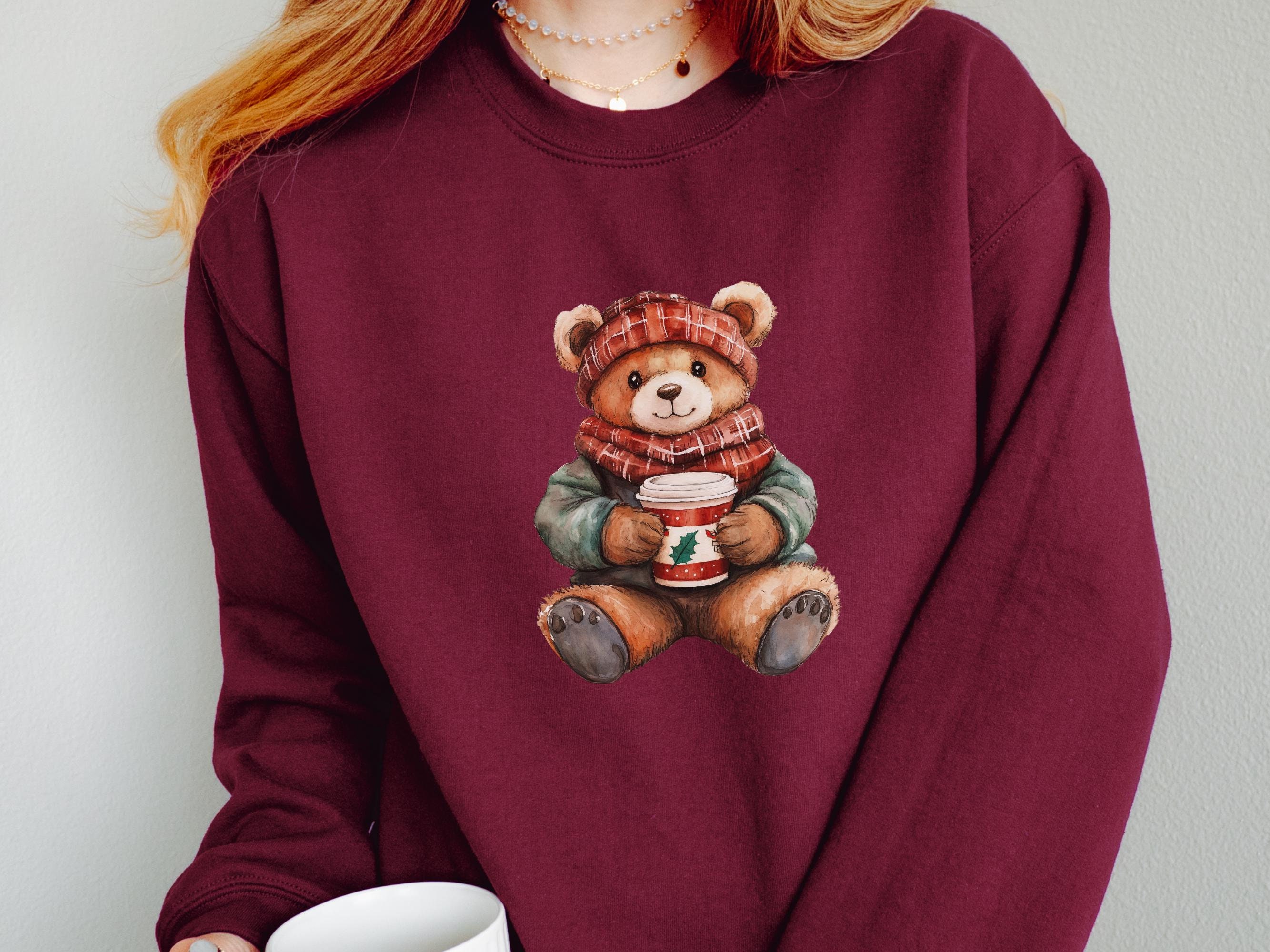 Teddy Bear Coffee Sweatshirt, Winter Bear With Coffee Cup