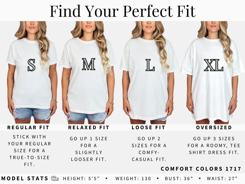 Pu&ograve; includere: Una tabella di confronto taglie per t-shirt bianche etichettate S, M, L e XL. Il testo riporta Find Your Perfect Fit, Regular Fit, Relaxed Fit, Loose Fit, Oversized, e include le misure del modello: altezza 165 cm, peso 59 kg, busto 91 cm, vita 69 cm.