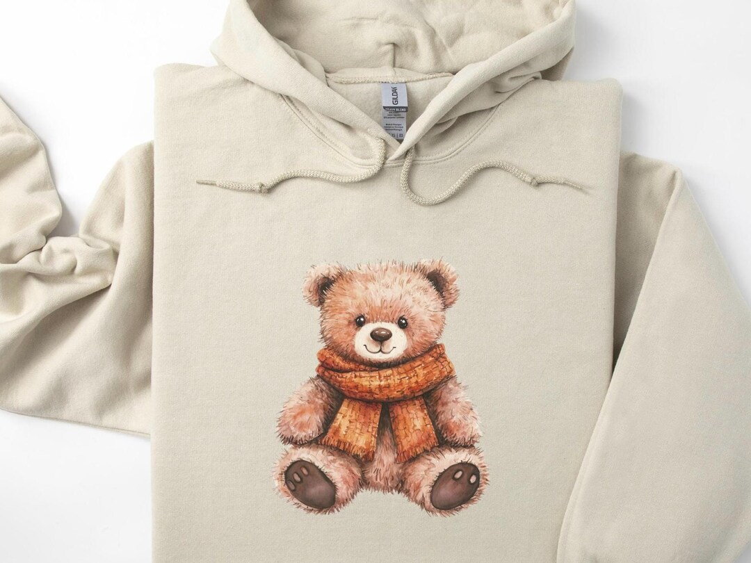 Fall Teddy Bear Hoodie, Stuffed Bear With Scarf Shirt, Cute Fall Hoodie ...
