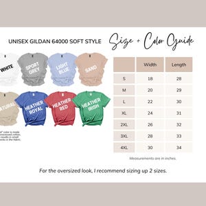 K&ouml;nnte beinhalten: Unisex Gildan 64000 T-Shirt-Farbkarte im Soft-Style mit 10 verschiedenen Farben: Wei&szlig;, Sportgrau, Hellblau, Sand, Natur, Royalblau meliert, Rot meliert, Irischgr&uuml;n meliert. Gr&ouml;&szlig;entabelle mit Breite und L&auml;nge in Zoll f&uuml;r die Gr&ouml;&szlig;en S, M, L, XL, 2XL, 3XL und 4XL. F&uuml;r einen Oversize-Look empfehle ich, zwei Gr&ouml;&szlig;en gr&ouml;&szlig;er zu bestellen.