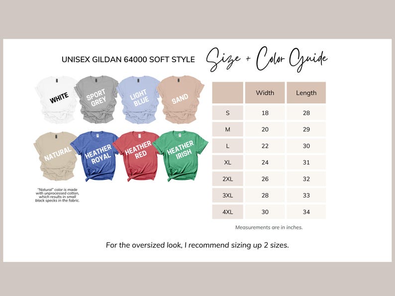 K&ouml;nnte beinhalten: Unisex Gildan 64000 T-Shirt-Farbkarte im Soft-Style mit 10 verschiedenen Farben: Wei&szlig;, Sportgrau, Hellblau, Sand, Natur, Royalblau meliert, Rot meliert, Irischgr&uuml;n meliert. Gr&ouml;&szlig;entabelle mit Breite und L&auml;nge in Zoll f&uuml;r die Gr&ouml;&szlig;en S, M, L, XL, 2XL, 3XL und 4XL. F&uuml;r einen Oversize-Look empfehle ich, zwei Gr&ouml;&szlig;en gr&ouml;&szlig;er zu bestellen.