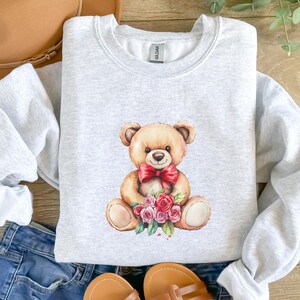 Valentine Teddy Bear Sweatshirt - Stuffed Bear With Roses Shirt - Valentine’s Day Crewneck - Trendy Teddy Bear Lover Gift