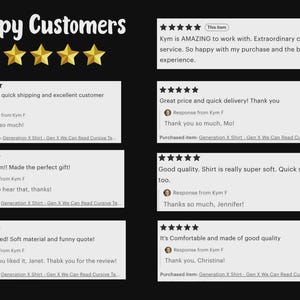 May include: A black graphic display titled Happy Customers featuring five gold stars and seven individual five-star customer reviews. Each review includes text feedback, a response from Kym F, and the purchased item name Generation X Shirt.