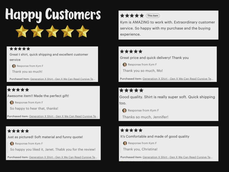 May include: A black graphic display titled Happy Customers featuring five gold stars and seven individual five-star customer reviews. Each review includes text feedback, a response from Kym F, and the purchased item name Generation X Shirt.