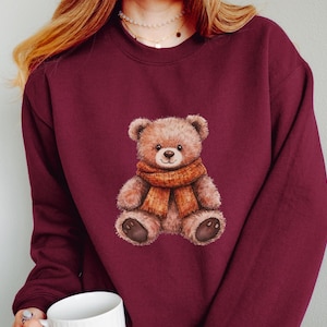 Fall Teddy Bear Sweatshirt, Stuffed Bear With Scarf Shirt, Cute Fall ...