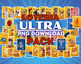 May include: A colorful set of 55 Loteria cards with illustrations of various objects and characters. The cards are arranged in a grid pattern and have a bright, comic book-style design. The text "LOTERIA ULTRA PNG DOWNLOAD PACK" is displayed in large, bold letters.