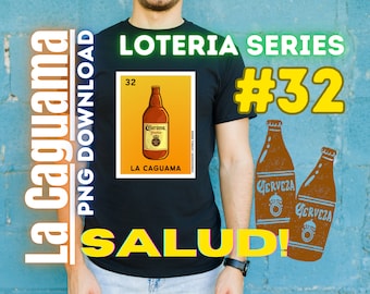 Pode incluir: Uma camiseta preta com um gráfico amarelo e verde "LOTERIA SERIES #32". O gráfico apresenta uma garrafa de cerveja Corona com o texto "LA CAGUAMA" e a palavra "SALUD!" em letras amarelas.