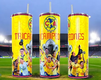May include: Three yellow and black stainless steel tumblers with a team logo and the words "Tricampeones", "Campeones", and "Campeones" printed on them. The tumblers feature a photo of a soccer team celebrating a victory.